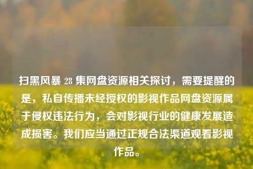 扫黑风暴 28 集网盘资源相关探讨,需要提醒的是,私自传播未经授权的影视作品网盘资源属于侵权违法行为,会对影视行业的健康发展造成损害。我们应当通过正规合法渠道观看影视作品。