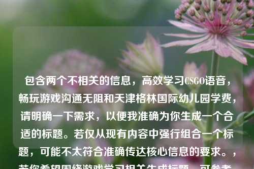 包含两个不相关的信息，高效学习CSGO语音，畅玩游戏沟通无阻和天津格林国际幼儿园学费，请明确一下需求，以便我准确为你生成一个合适的标题。若仅从现有内容中强行组合一个标题，可能不太符合准确传达核心信息的要求。，若你希望围绕游戏学习相关生成标题，可参考，高效掌握CSGO语音，实现游戏沟通畅行无阻 ；若围绕幼儿园学费相关生成标题，可参考，天津格林国际幼儿园学费详情 。
