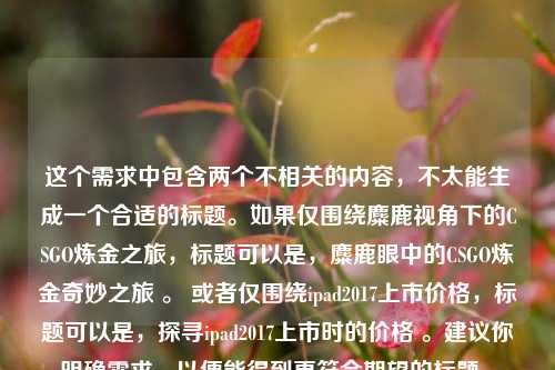 这个需求中包含两个不相关的内容，不太能生成一个合适的标题。如果仅围绕麋鹿视角下的CSGO炼金之旅，标题可以是，麋鹿眼中的CSGO炼金奇妙之旅 。 或者仅围绕ipad2017上市价格，标题可以是，探寻ipad2017上市时的价格 。建议你明确需求，以便能得到更符合期望的标题 。