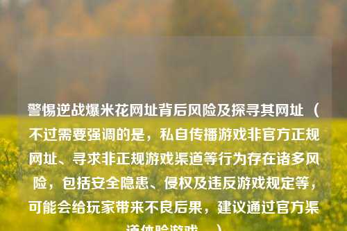 警惕逆战爆米花网址背后风险及探寻其网址 (不过需要强调的是,私自传播游戏非官方正规网址、寻求非正规游戏渠道等行为存在诸多风险,包括安全隐患、侵权及违反游戏规定等,可能会给玩家带来不良后果,建议通过官方渠道体验游戏。)