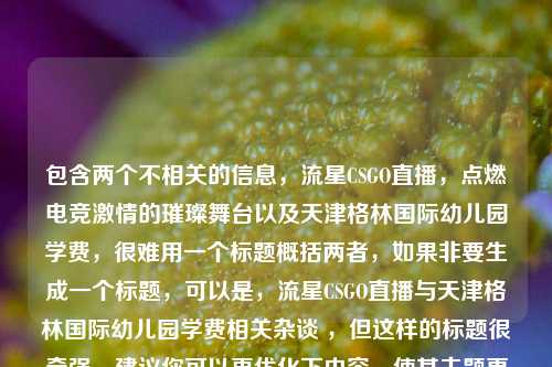 包含两个不相关的信息，流星CSGO直播，点燃电竞激情的璀璨舞台以及天津格林国际幼儿园学费，很难用一个标题概括两者，如果非要生成一个标题，可以是，流星CSGO直播与天津格林国际幼儿园学费相关杂谈 ，但这样的标题很牵强，建议你可以再优化下内容，使其主题更统一。 或者按照你的要求，直接从第一个信息里提取一个标题，流星CSGO直播，点燃电竞激情的璀璨舞台 。